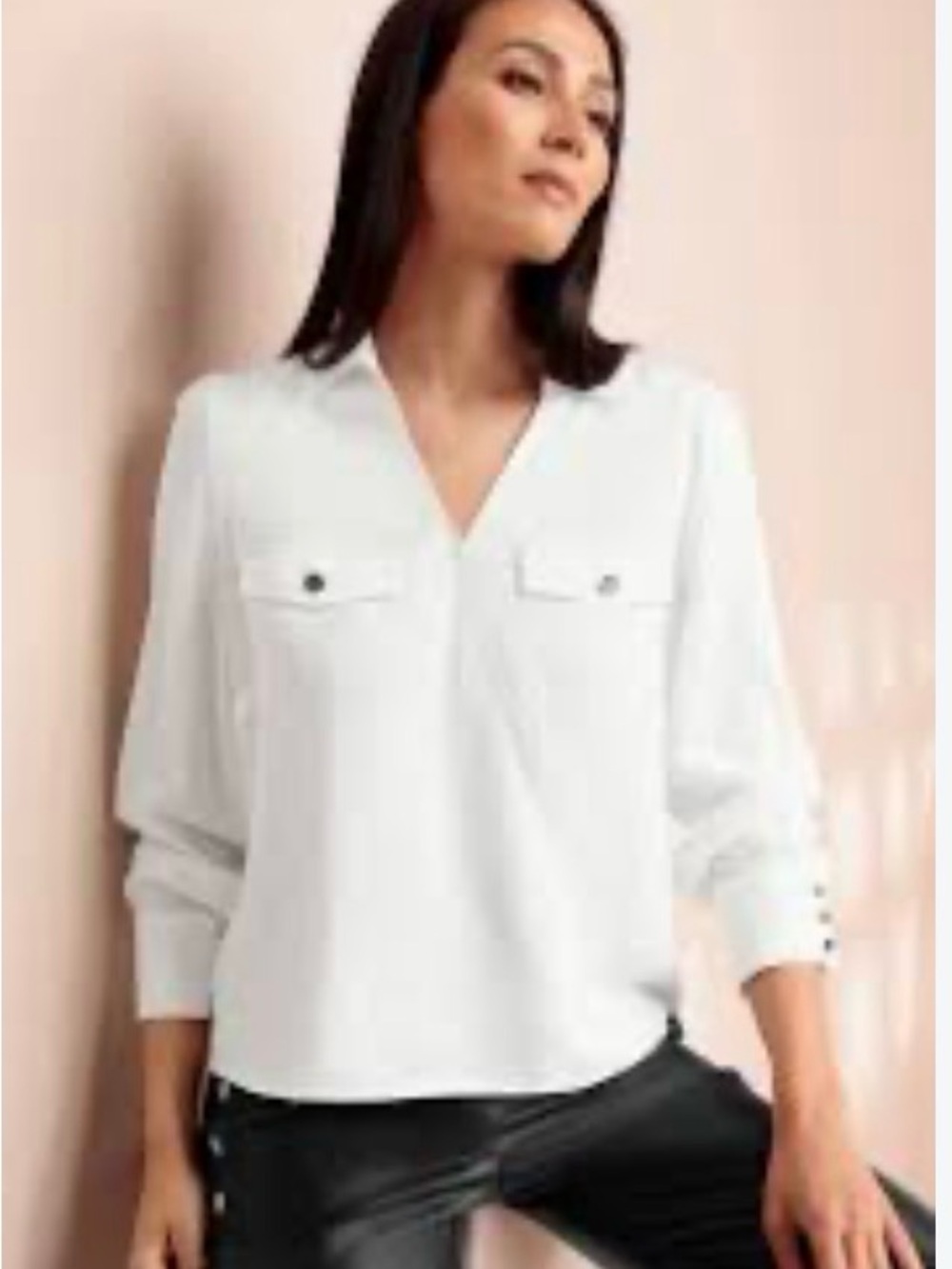 White House Black Market White V-Neck Button-Cuff Pocket Blouse